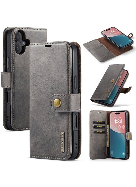 Wallet Case for iPhone 16 6.1", Genuine Leather Removable Folio Magnetic Wireless Charging RFID Blocking Card Holder Kickstand Shockproof Cover Compatible with iPhone 16