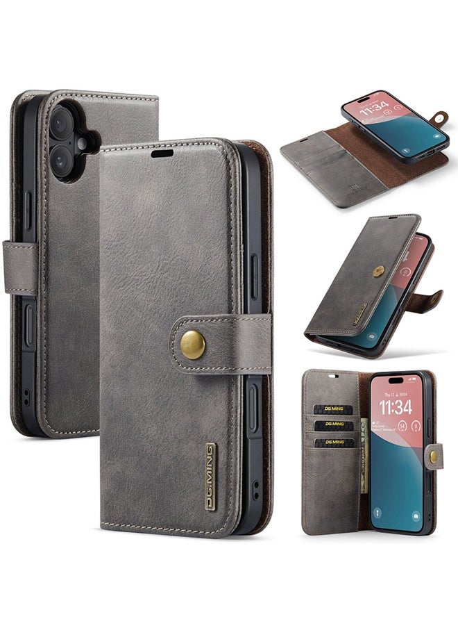 DGMING - Wallet Case for iPhone 16 6.1", Genuine Leather Removable Folio Magnetic Wireless Charging RFID Blocking Card Holder Kickstand Shockproof Cover Compatible with iPhone 16 - Image 1