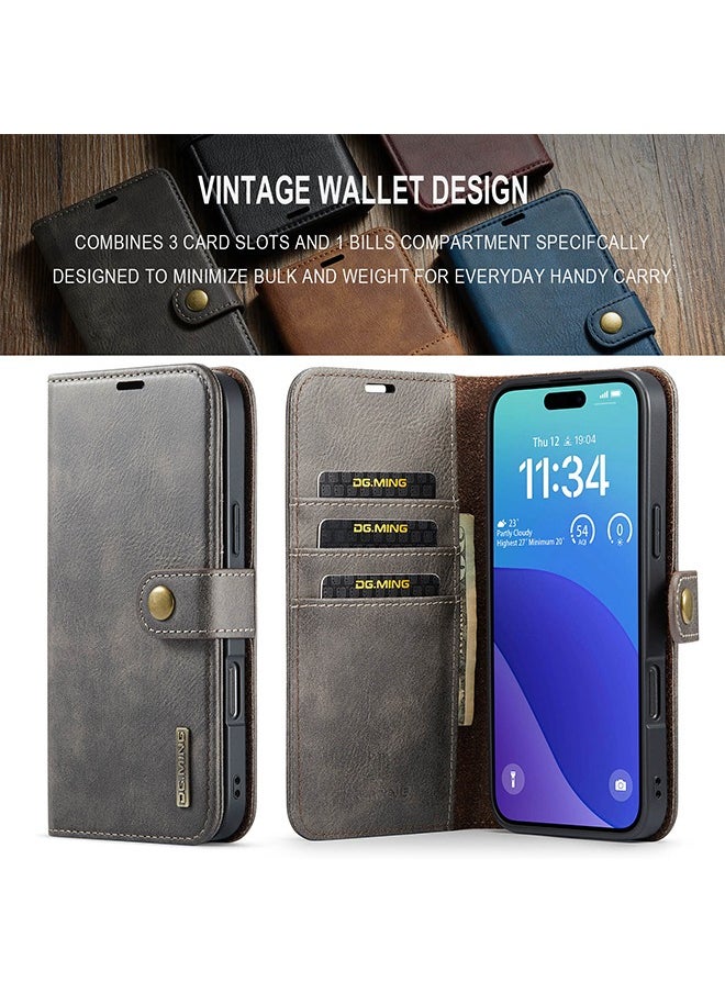 DGMING - Wallet Case for iPhone 16 6.1", Genuine Leather Removable Folio Magnetic Wireless Charging RFID Blocking Card Holder Kickstand Shockproof Cover Compatible with iPhone 16 - Image 1