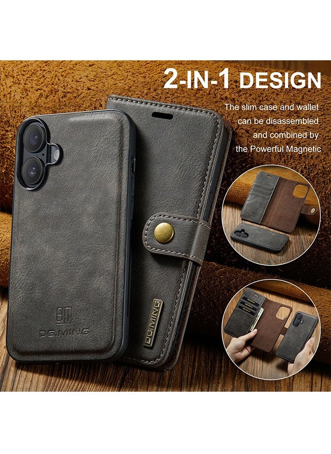 DGMING - Wallet Case for iPhone 16 6.1", Genuine Leather Removable Folio Magnetic Wireless Charging RFID Blocking Card Holder Kickstand Shockproof Cover Compatible with iPhone 16 - Image 1