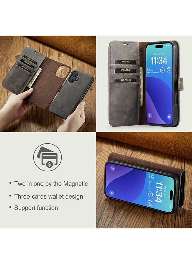 DGMING - Wallet Case for iPhone 16 6.1", Genuine Leather Removable Folio Magnetic Wireless Charging RFID Blocking Card Holder Kickstand Shockproof Cover Compatible with iPhone 16 - Image 1
