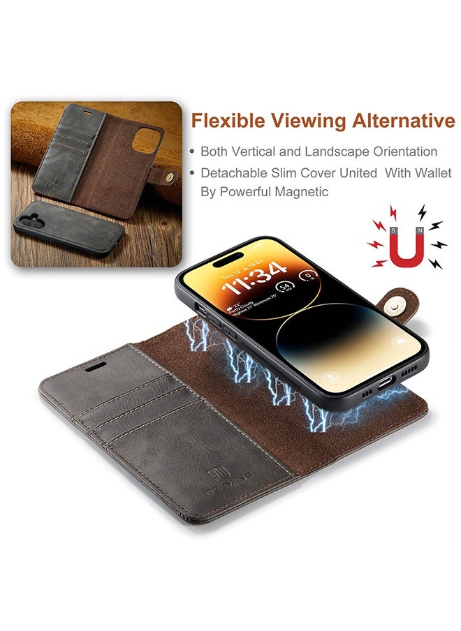 DGMING - Wallet Case for iPhone 16 6.1", Genuine Leather Removable Folio Magnetic Wireless Charging RFID Blocking Card Holder Kickstand Shockproof Cover Compatible with iPhone 16 - Image 1