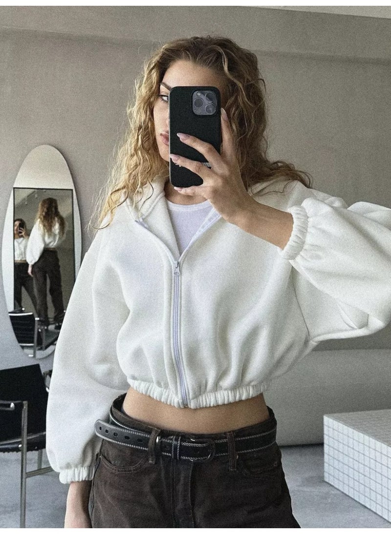 NIBEMINENT Fashion Solid Color Hoodie Woman's Autumn Winter Casual Long Sleeves Zipper Cardigan Short Coats Ladies Loose Office Jacket - Image 1