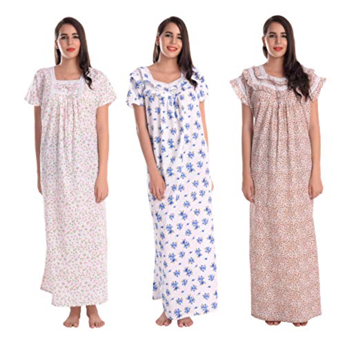 CIERGE Women's Cotton Tiger Ankle Length Leaf Lace Frilled Sleeveless Nighty Pack of 3 (Blue, Free Size) - Image 1