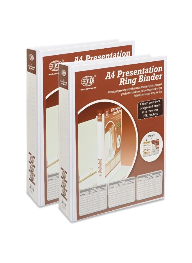 FIS Presentation Binder, A4 Size(210x297mm), 2[D]Ring Type, 35mm Ring Size, 1.75" Inches Spine with Clear PVC Pocket For Easy Insert Your Label Design, Packet of 2 Pieces, White Color-FSBD235DPB/2  - Image 2