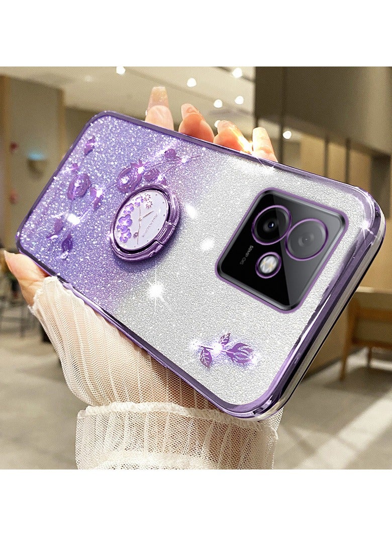general purple Case for Honor X60 GT Deluxe Electroplated  Glitter Flower Shockproof Case with Ring Mount for Honor X60 GT