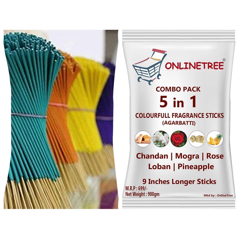 Onlinetree 5in1 agarbatti Stick for Pooja Rose Gulab Sandal Chandan Loban Mogra Pineapple 900g Pack LongLasting Fragrance for Pooja Mandir Meditation Relaxation - Image 1