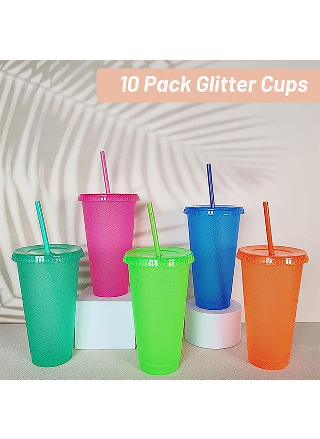Garlo - 10 Pcs Cold Cups with Lid & Straw, 24oz Reusable Plastic Cups Colourful Glitter Cups, Party Tumbler Cup Cold Cups Set Travel Cups for Cold Drinks Iced Coffee Cups for Parties - Image 1