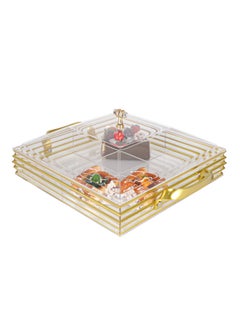 Serving Tray With Cover - 4 Compartments Platter with Handle Gold Acrylic Spill Proof Tray With Handle For Serving Appetizer, Breakfast, Candy, Sweets, Fruit, Bread tray (39×31×15 CM)