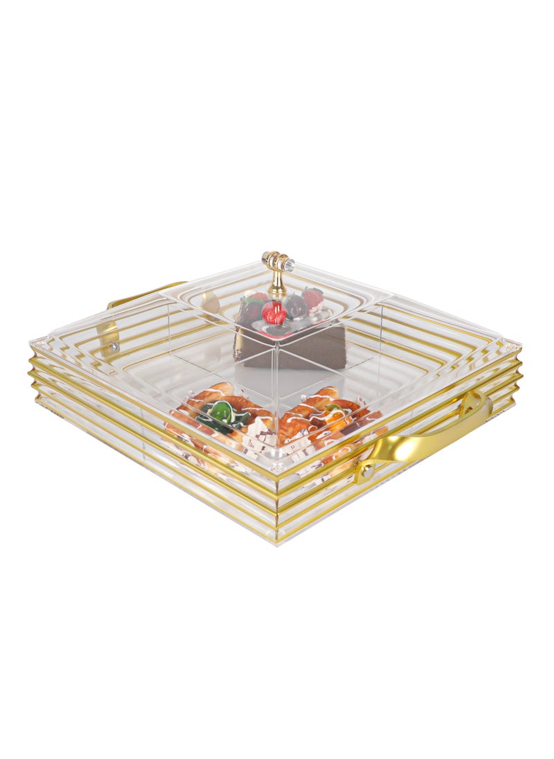 Life Smile - Serving Tray With Cover - 4 Compartments Platter with Handle Gold Acrylic Spill Proof Tray With Handle For Serving Appetizer, Breakfast, Candy, Sweets, Fruit, Bread tray (39×31×15 CM) - Image 1