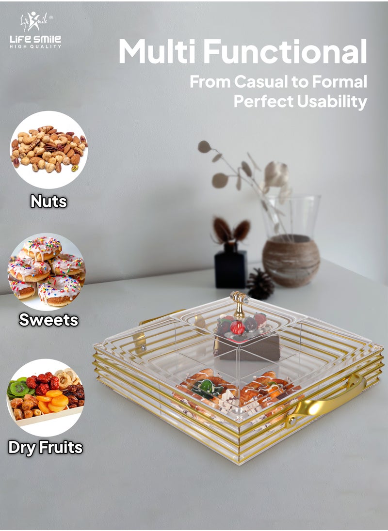 Life Smile - Serving Tray With Cover - 4 Compartments Platter with Handle Gold Acrylic Spill Proof Tray With Handle For Serving Appetizer, Breakfast, Candy, Sweets, Fruit, Bread tray (39×31×15 CM) - Image 1