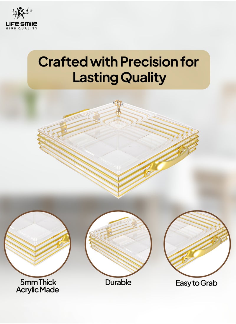 Life Smile - Serving Tray With Cover - 4 Compartments Platter with Handle Gold Acrylic Spill Proof Tray With Handle For Serving Appetizer, Breakfast, Candy, Sweets, Fruit, Bread tray (39×31×15 CM) - Image 1