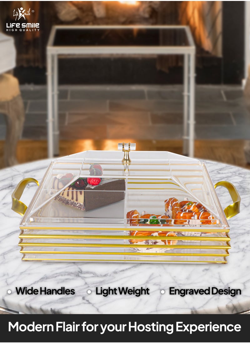 Life Smile - Serving Tray With Cover - 4 Compartments Platter with Handle Gold Acrylic Spill Proof Tray With Handle For Serving Appetizer, Breakfast, Candy, Sweets, Fruit, Bread tray (39×31×15 CM) - Image 1