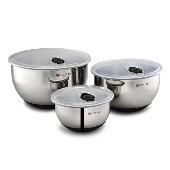 STAINLESS STEEL MIXING BOWL SET 3PIECE WITH VACUUM SEAL LIDS AND NONSLIP BASE 133 AND 5 QUARTS