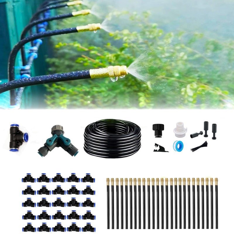 MOCOBER New drip Irrigation kit, Automatic Garden Watering System, Quick Connector and 360-degree Bending Dropper atomizing Copper Nozzle, Garden Plant Lawn Courtyard Watering System. (100FT) - Image 1