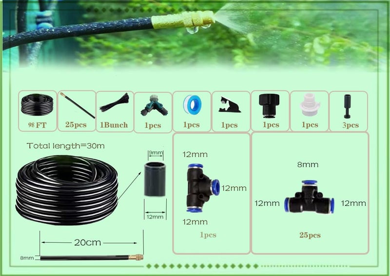 MOCOBER New drip Irrigation kit, Automatic Garden Watering System, Quick Connector and 360-degree Bending Dropper atomizing Copper Nozzle, Garden Plant Lawn Courtyard Watering System. (100FT) - Image 2