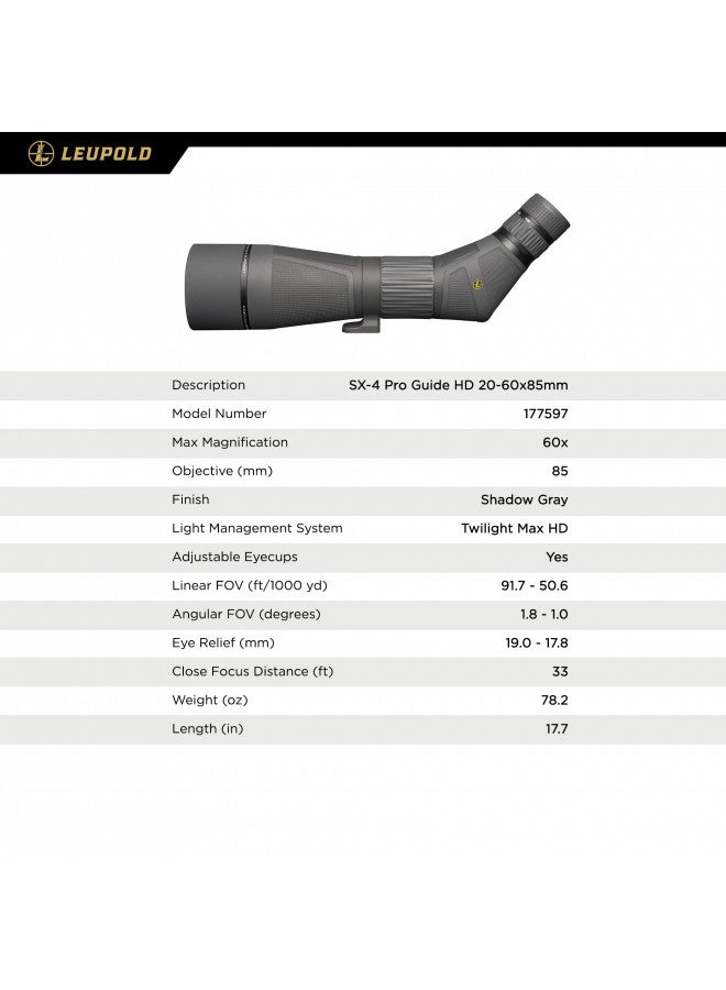 Leupold Leupold SX-4 Pro Guide HD 20-60x85mm Spotting Scope - Angled Eyepiece - Image 4