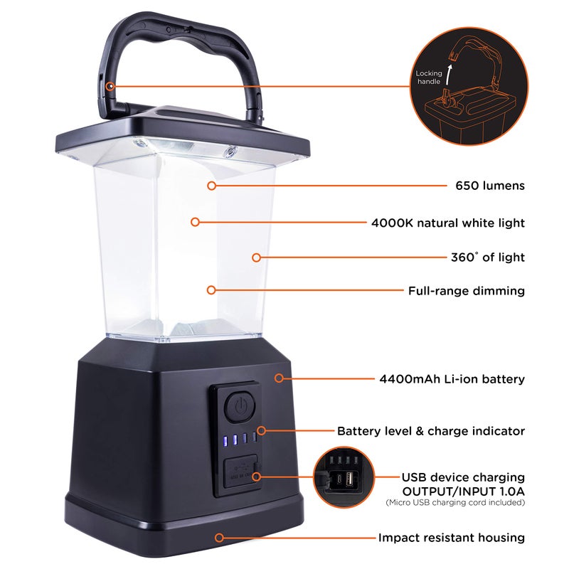 Enbrighten LED Rechargeable Lantern, 11â€, USB Power Bank, 4400mAh, 650 Lumens, Dimmable, 405 Hours of Run Time, Ideal for Camping, Outdoor, Emergency Weather, Storms, Black, 43934 - Image 4