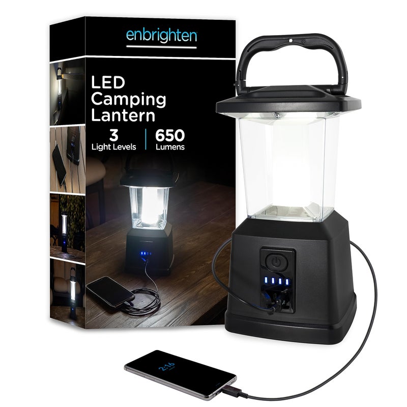 Enbrighten LED Rechargeable Lantern, 11â€, USB Power Bank, 4400mAh, 650 Lumens, Dimmable, 405 Hours of Run Time, Ideal for Camping, Outdoor, Emergency Weather, Storms, Black, 43934 - Image 1