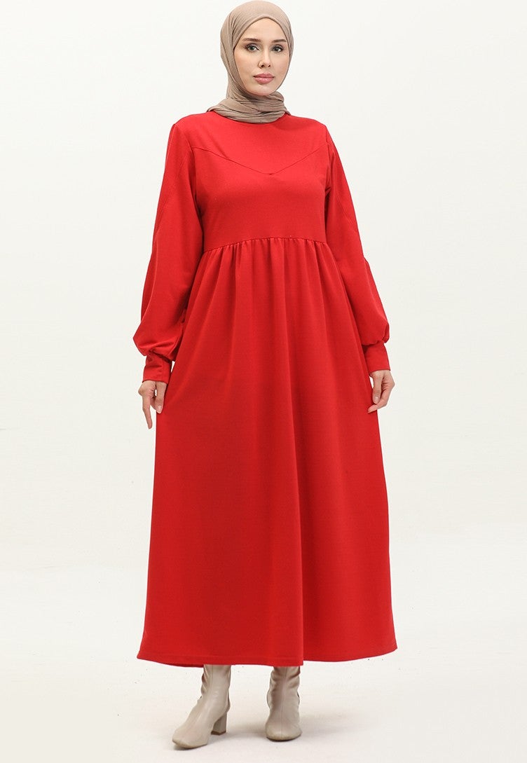 Sefa Merve Waist Pleated Plain Dress 0281-06 Claret Red  - Image 1