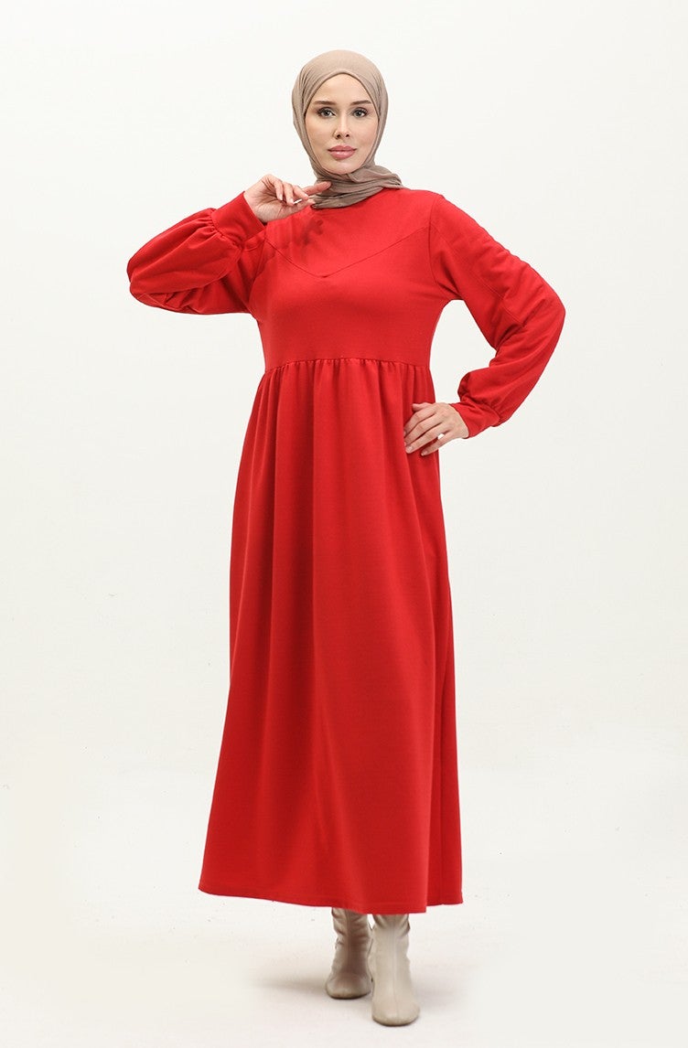 Sefa Merve Waist Pleated Plain Dress 0281-06 Claret Red  - Image 2