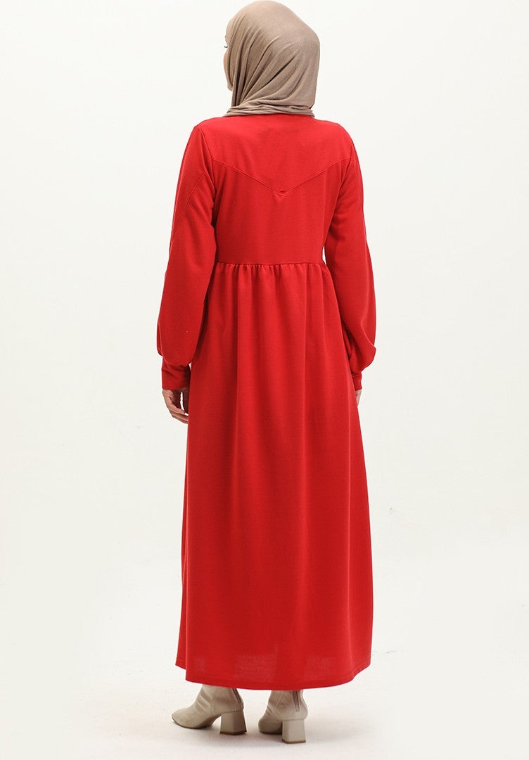 Sefa Merve Waist Pleated Plain Dress 0281-06 Claret Red  - Image 5