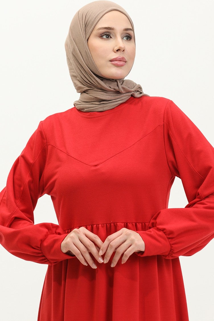 Sefa Merve Waist Pleated Plain Dress 0281-06 Claret Red  - Image 3
