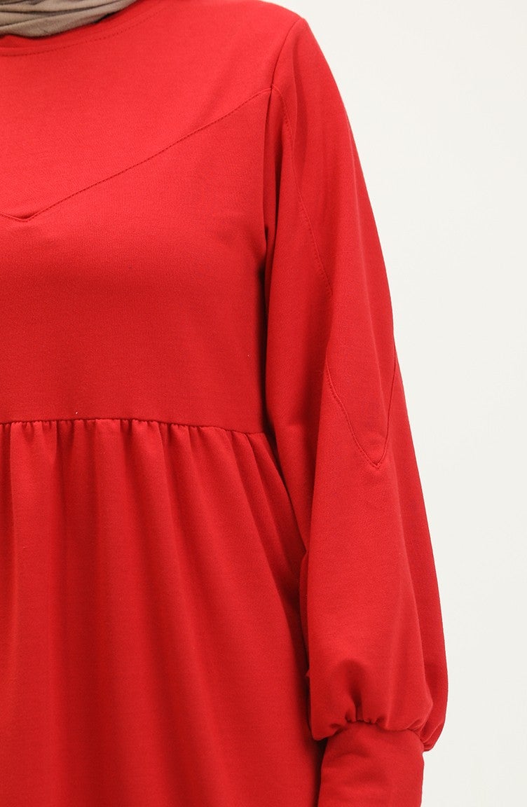 Sefa Merve Waist Pleated Plain Dress 0281-06 Claret Red  - Image 4
