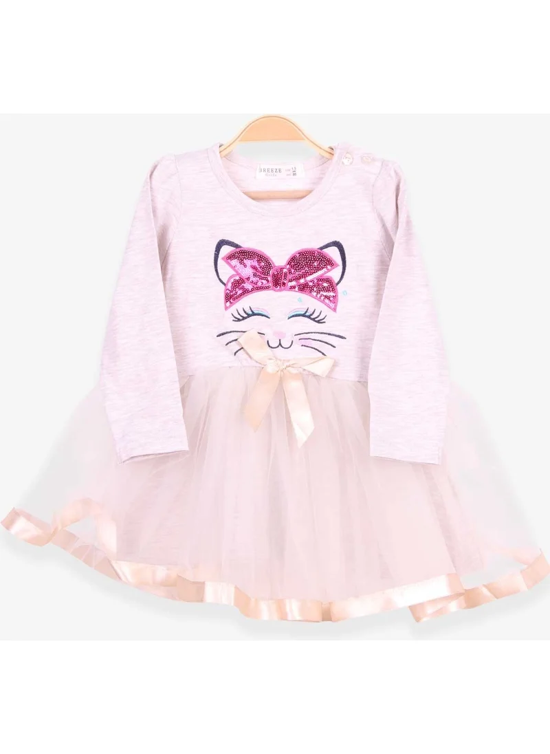 بريز Girl Child Long Sleeve Dress Cat Embroidered Sequin Beige Melange (1.5-5 Years)