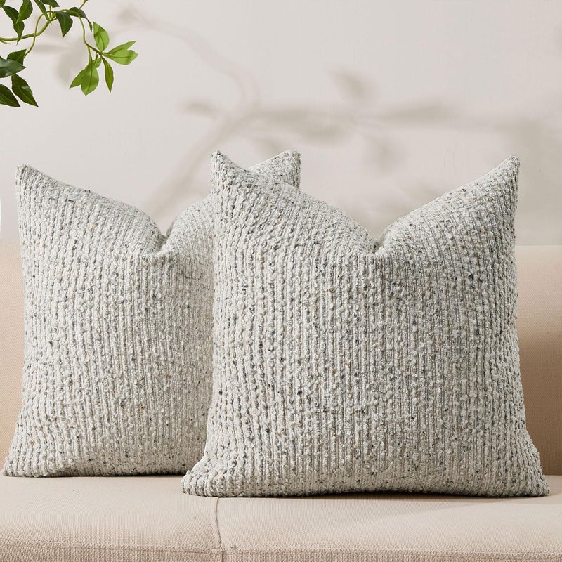Allorry Decorative Couch Throw Pillow Covers 18x18 Set of 2 Cream Gray Striped Soft Wool Pillow Covers Neutral Textured Boho Cushion Covers for Modern Farmhouse Sofa Bedroom Living Room Decor SY012-B18 - Image 1
