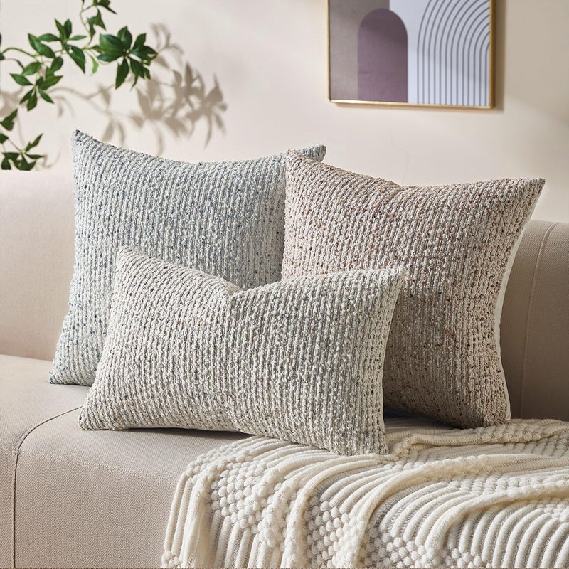 Allorry Decorative Couch Throw Pillow Covers 18x18 Set of 2 Cream Gray Striped Soft Wool Pillow Covers Neutral Textured Boho Cushion Covers for Modern Farmhouse Sofa Bedroom Living Room Decor SY012-B18 - Image 4