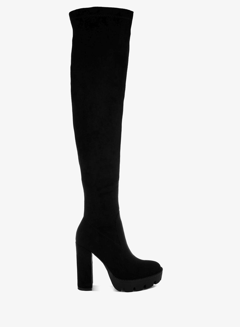 London Rag Black High Block Heeled Faux Suede Long Boots - Image 1