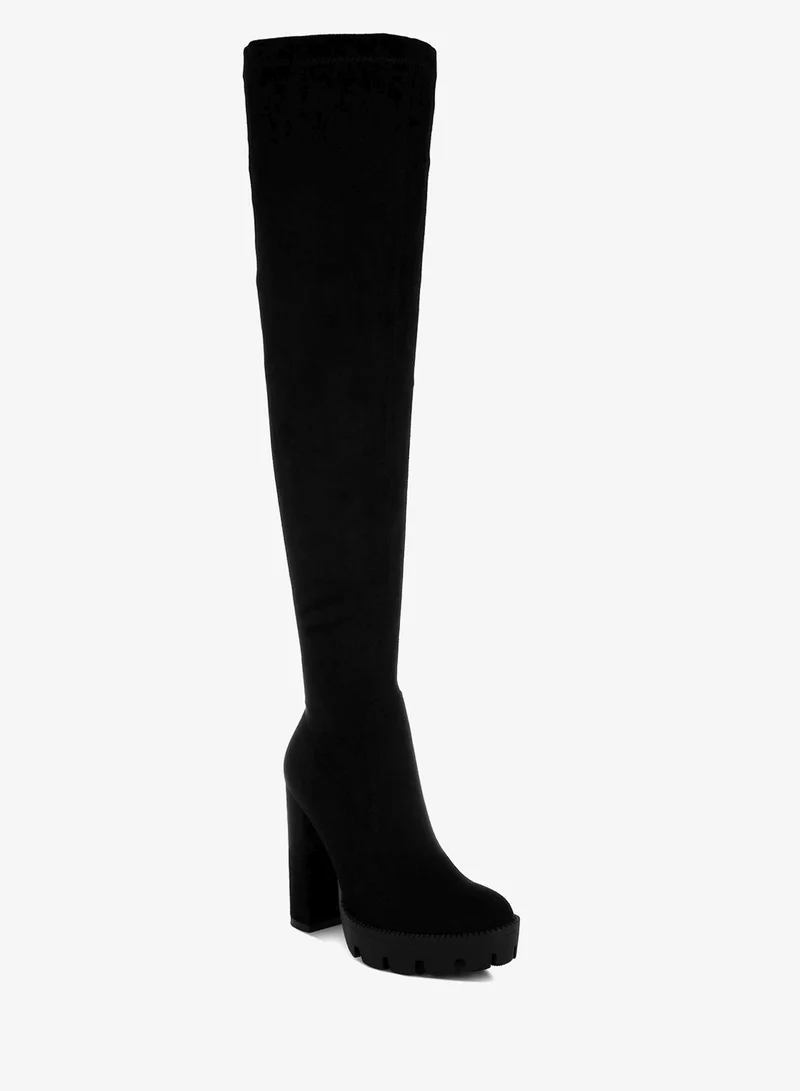 London Rag Black High Block Heeled Faux Suede Long Boots