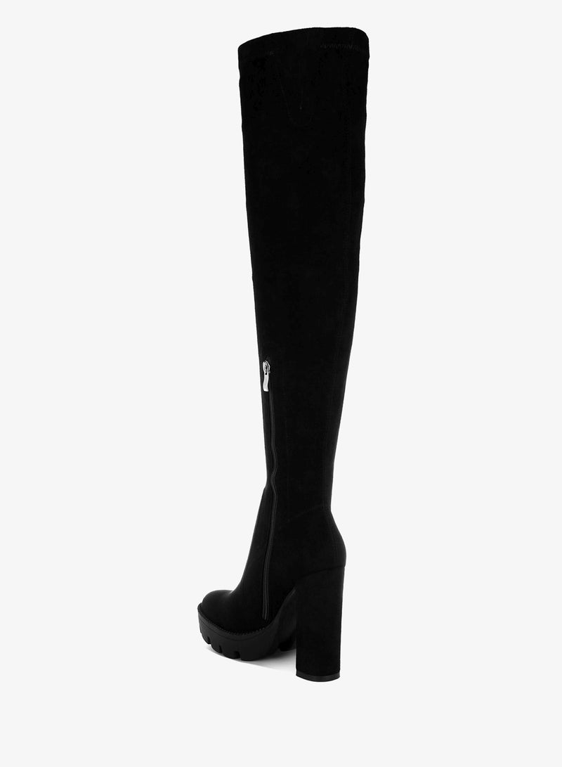 London Rag Black High Block Heeled Faux Suede Long Boots - Image 3