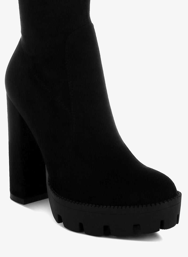 London Rag Black High Block Heeled Faux Suede Long Boots - Image 5