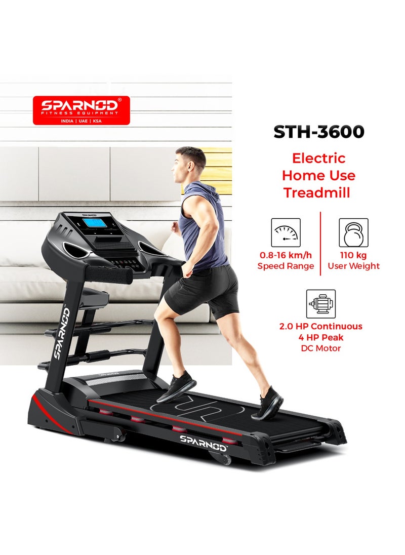 Sparnod Fitness - Sparnod Fitness STH-3600: 4 HP Peak DC Motor, 16 Km/H Treadmill, Advanced Console with 12 Pre-set Programs, Comprehensive Massager, Supports 110 Kg User Weight, Hydraulic Foldable, Inbuilt Speakers - Image 1