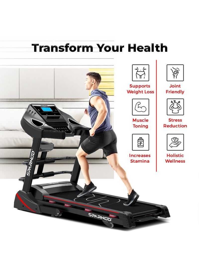 Sparnod Fitness - Sparnod Fitness STH-3600: 4 HP Peak DC Motor, 16 Km/H Treadmill, Advanced Console with 12 Pre-set Programs, Comprehensive Massager, Supports 110 Kg User Weight, Hydraulic Foldable, Inbuilt Speakers - Image 1