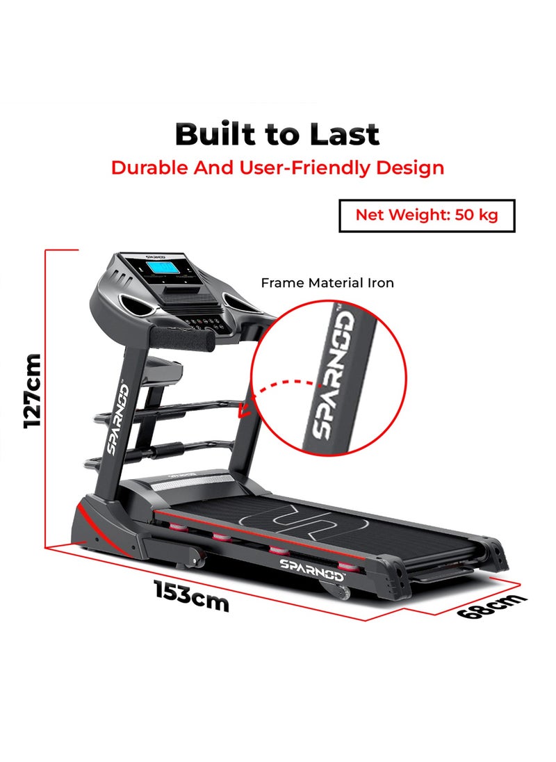 Sparnod Fitness - Sparnod Fitness STH-3600: 4 HP Peak DC Motor, 16 Km/H Treadmill, Advanced Console with 12 Pre-set Programs, Comprehensive Massager, Supports 110 Kg User Weight, Hydraulic Foldable, Inbuilt Speakers - Image 1
