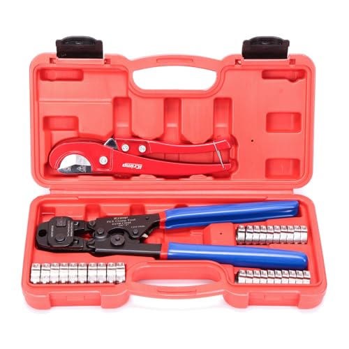 iCrimp Ratchet PEX Cinch Tool with Removing Function for 3/8-in, 1/2-in, 3/4-in, 1-in Stainless Steel Clamp, PEX Crimper with 20PCS 1/2-in, 10PCS 3/4-in PEX Clamps and Pipe Cutter- All in One - Image 1