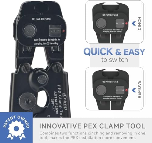 iCrimp Ratchet PEX Cinch Tool with Removing Function for 3/8-in, 1/2-in, 3/4-in, 1-in Stainless Steel Clamp, PEX Crimper with 20PCS 1/2-in, 10PCS 3/4-in PEX Clamps and Pipe Cutter- All in One - Image 3