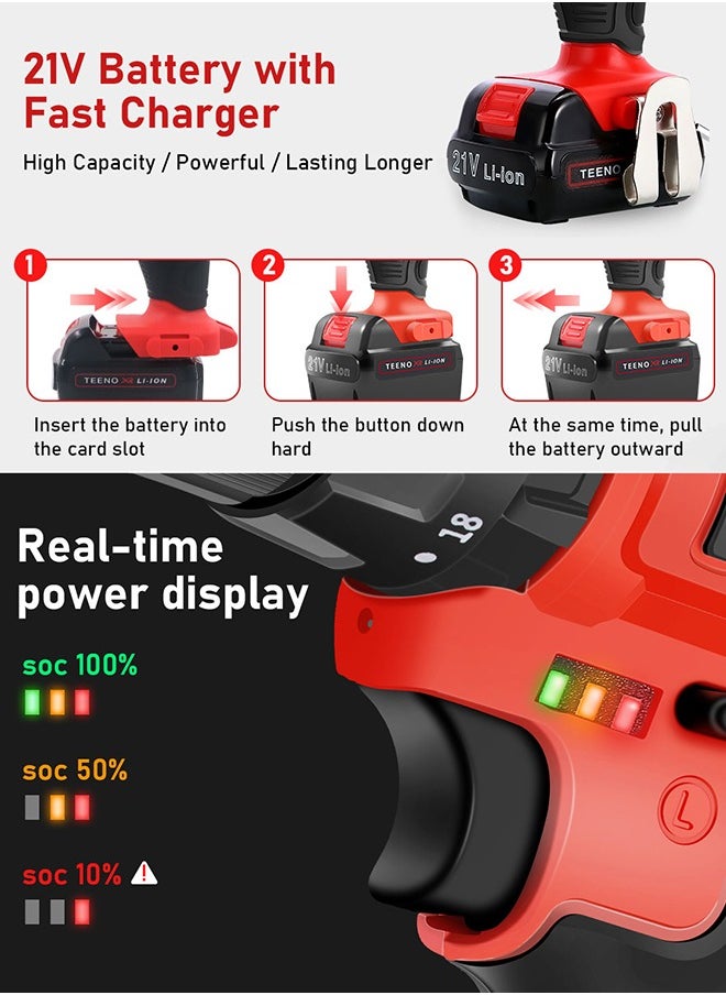 TEENO - Cordless Drill, 21V Impact Cordless Drill Set, 18pcs Drill Bits with 2 xLithium Ion Batteries, 18+3 Torque Settings,10mm Chuck, 3 Variable Speed - Image 1