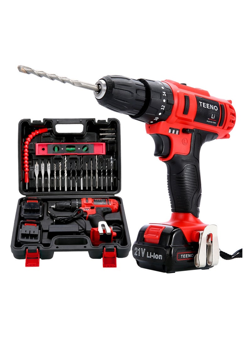 TEENO - Cordless Drill, 21V Impact Cordless Drill Set, 18pcs Drill Bits with 2 xLithium Ion Batteries, 18+3 Torque Settings,10mm Chuck, 3 Variable Speed - Image 1