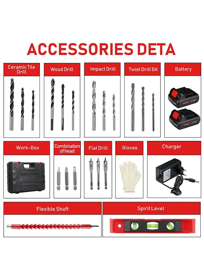 TEENO - Cordless Drill, 21V Impact Cordless Drill Set, 18pcs Drill Bits with 2 xLithium Ion Batteries, 18+3 Torque Settings,10mm Chuck, 3 Variable Speed - Image 1