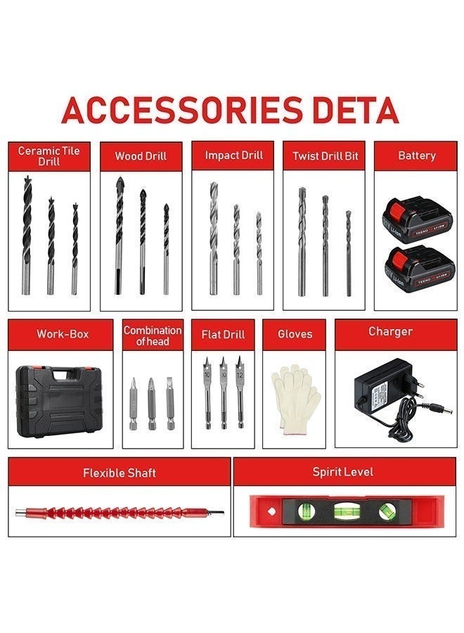 TEENO Cordless Drill Set, battery drill machine, Impact Drill Driver 21V 1.5Ah Li-Ion with 2 Batteries, 25pcs Accessories, 10mm Chuck, Electric Drill Set with Variable Speed for Wood Drilling & Screwdriving/Fastening - Image 2