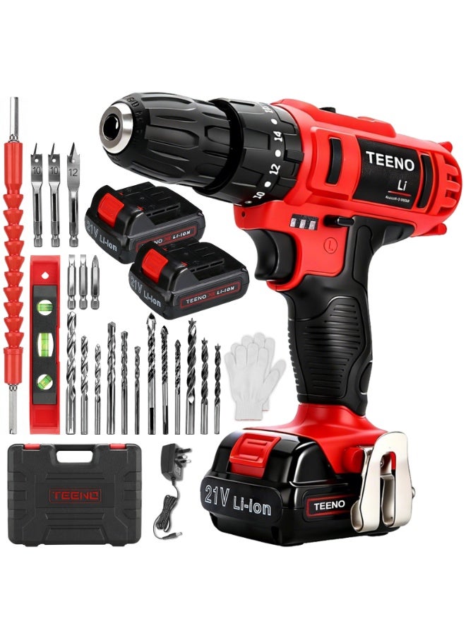 TEENO Cordless Drill Set, battery drill machine, Impact Drill Driver 21V 1.5Ah Li-Ion with 2 Batteries, 25pcs Accessories, 10mm Chuck, Electric Drill Set with Variable Speed for Wood Drilling & Screwdriving/Fastening - Image 1