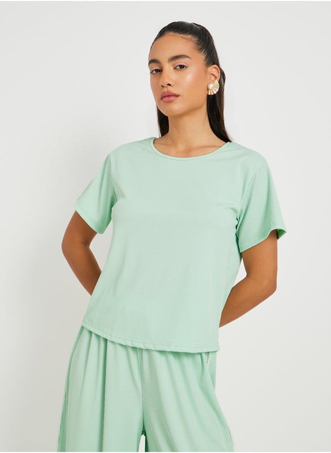 Take Two Green Solid Short Sleeve T-Shirt and Beaded Detail Pants Co-Ords  - Image 2
