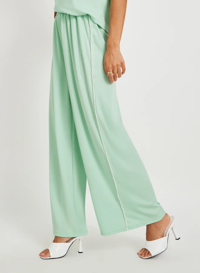 Take Two Green Solid Short Sleeve T-Shirt and Beaded Detail Pants Co-Ords