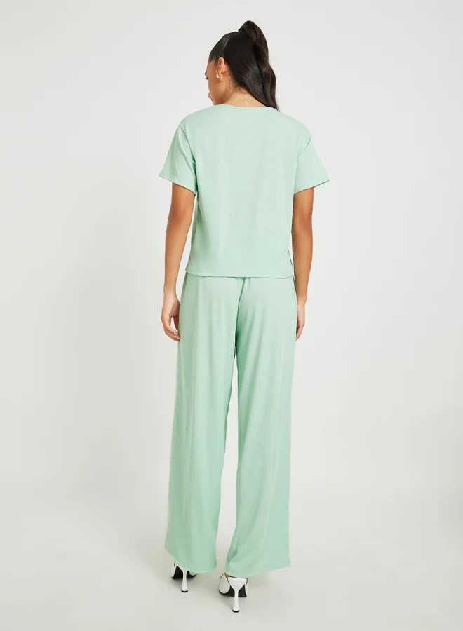Take Two Green Solid Short Sleeve T-Shirt and Beaded Detail Pants Co-Ords