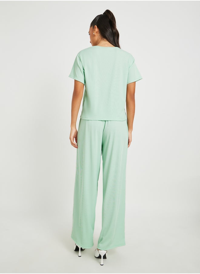 Take Two Green Solid Short Sleeve T-Shirt and Beaded Detail Pants Co-Ords  - Image 5