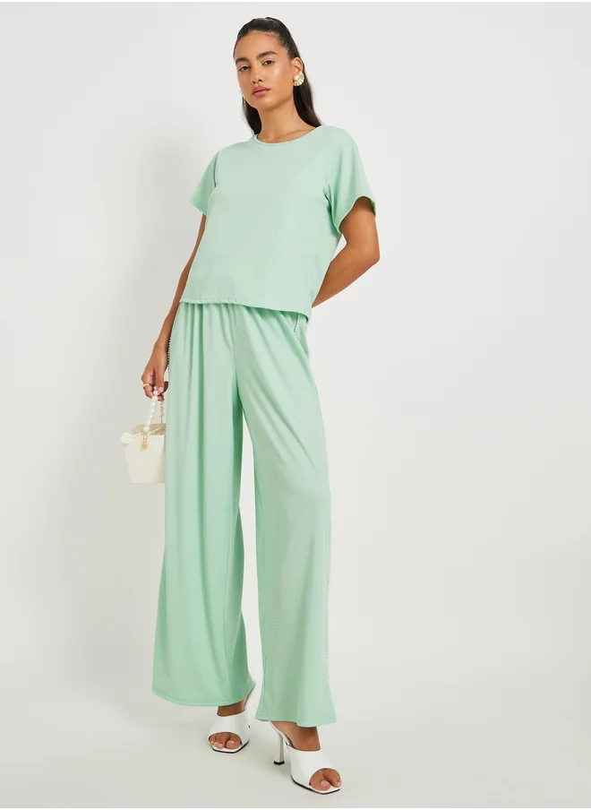 Styli Green Solid Short Sleeve T-Shirt and Beaded Detail Pants Co-Ords